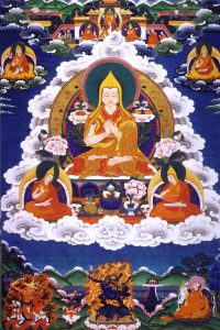 A traditional Tibetan thangka painting of Je Tsongkhapa surrounded by disciples and deities, with a vibrant composition of clouds, flowers, and sacred symbols.