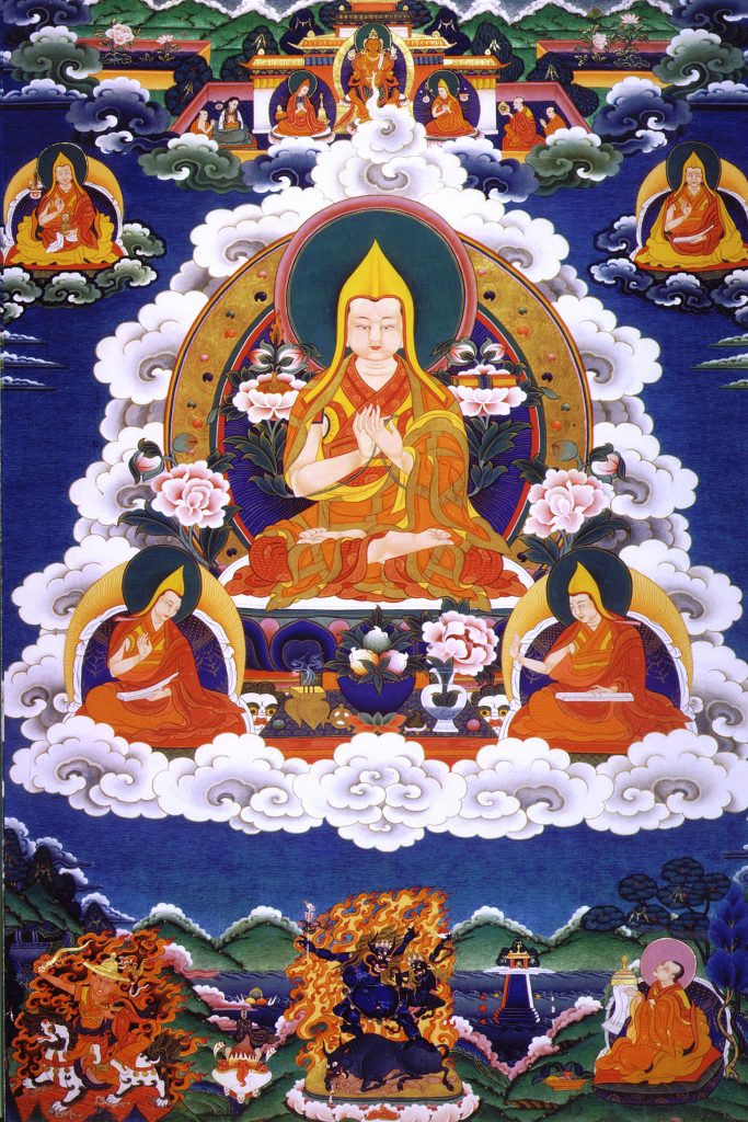 A traditional Tibetan thangka painting of Je Tsongkhapa surrounded by disciples and deities, with a vibrant composition of clouds, flowers, and sacred symbols.