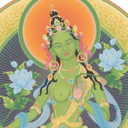 Illustration of Green Tara, a radiant green-skinned female deity adorned with jewels and blue upala flowers, seated in a meditative posture, surrounded by a halo of golden light