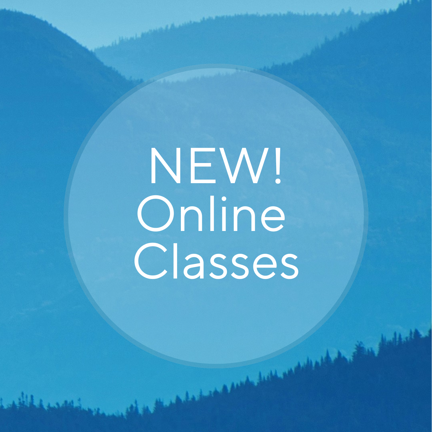 Square image with a blue background featuring evergreen designs and the text 'New! Online Classes,' promoting virtual meditation and mindfulness sessions.