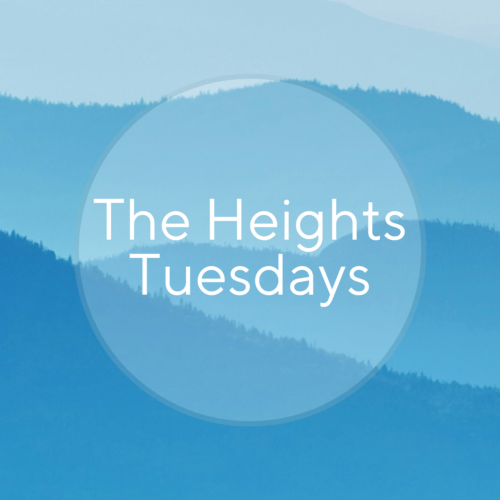 Square image with a calming blue background featuring evergreen designs and the text 'The Heights Tuesdays' promoting mindfulness and meditation events.