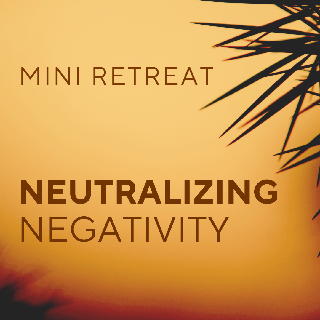 A silhouette of palm leaves against a warm orange sunset background with the text "Mini Retreat: Neutralizing Negativity" prominently displayed.